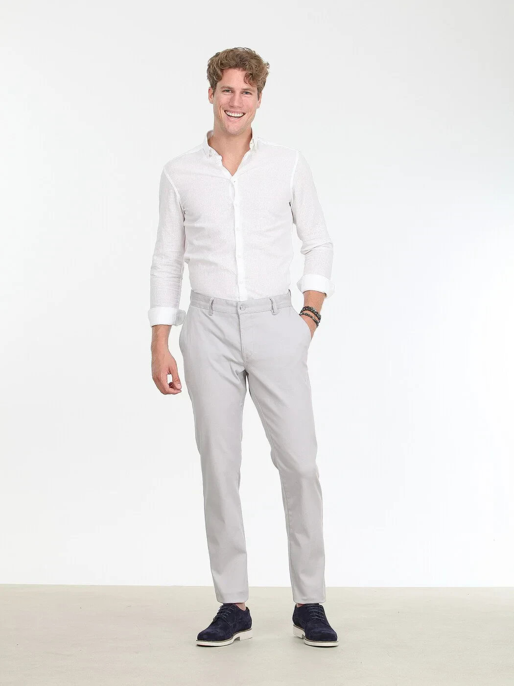 Light Grey Weaving Slim Fit Casual Cotton Blended Trousers - 1