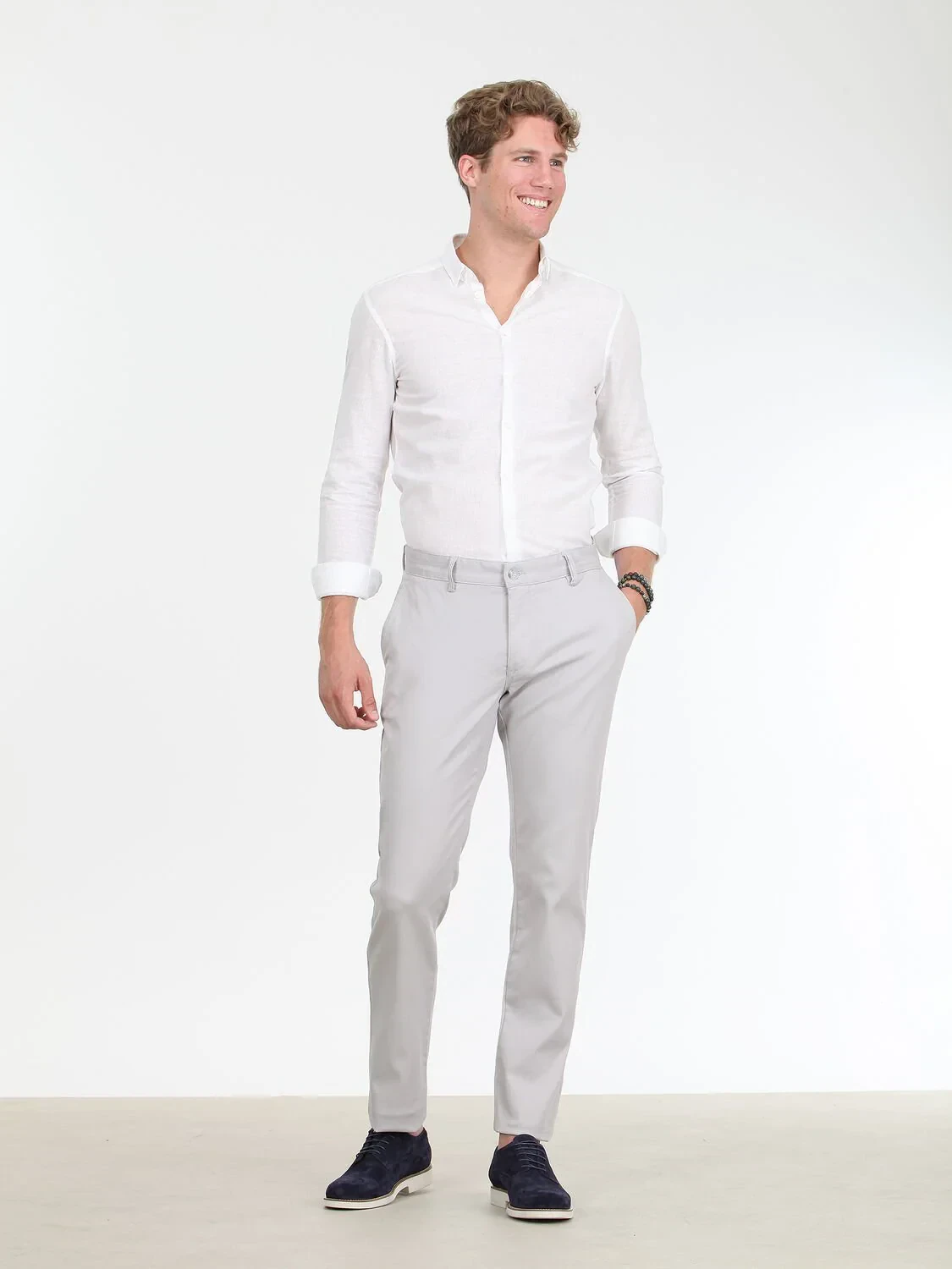 Light Grey Weaving Slim Fit Casual Cotton Blended Trousers - 2