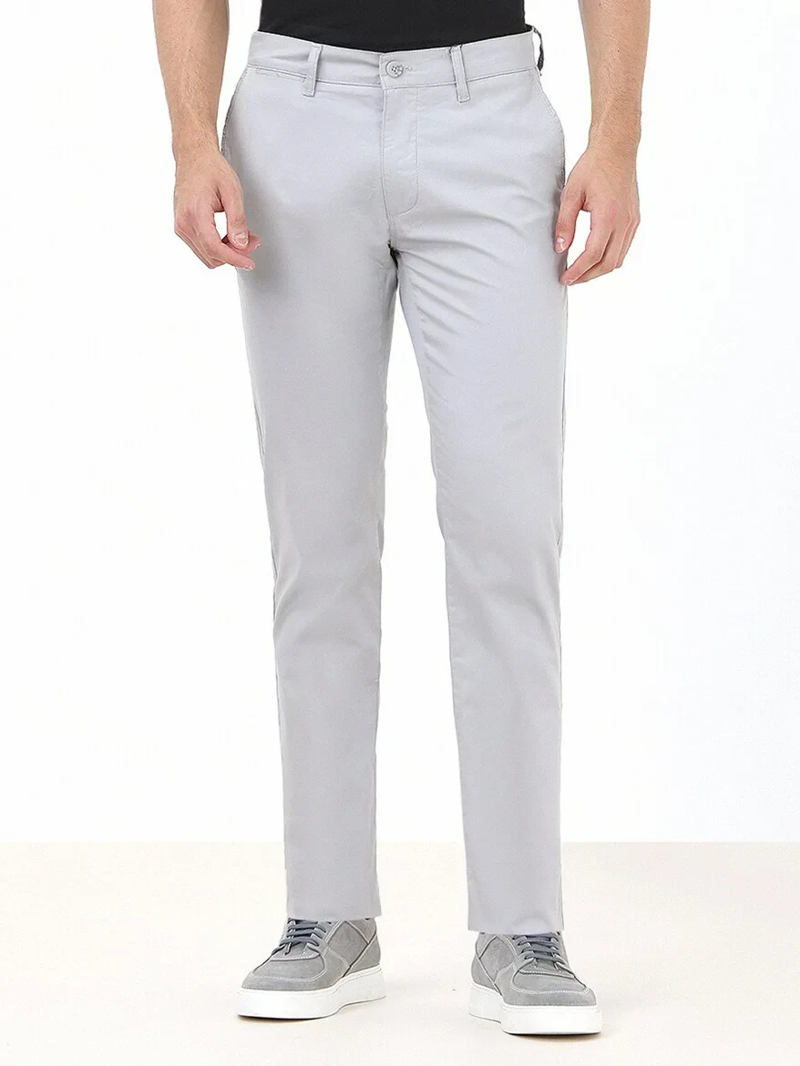 Light Grey Weaving Slim Fit Casual Cotton Blended Trousers - 1
