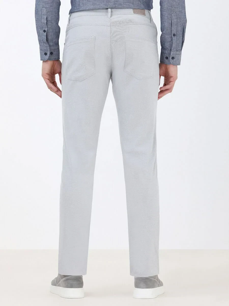Light Grey Weaving Slim Fit Casual Cotton Blended Trousers - 4