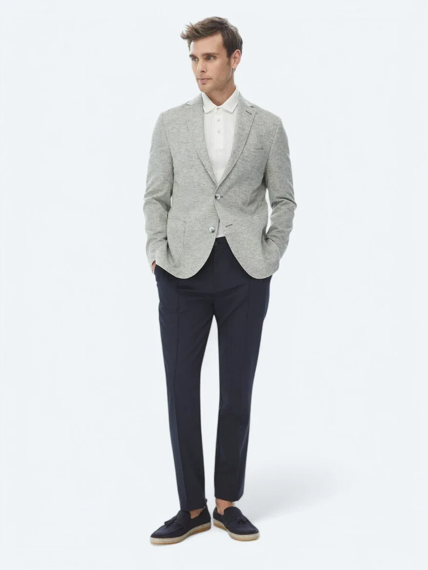 Light Khaki Micro Fitted Fit Linen Blended Jacket - 4