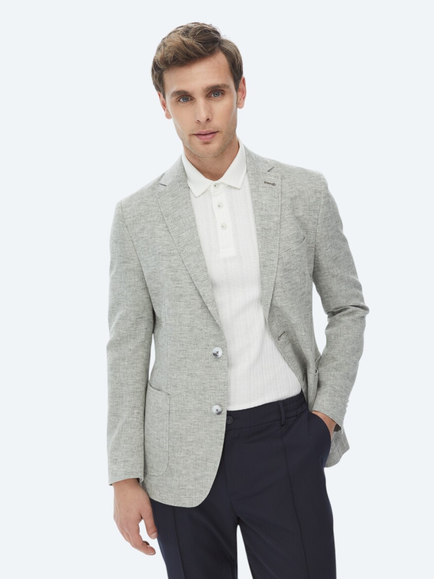 Light Khaki Micro Fitted Fit Linen Blended Jacket - 1