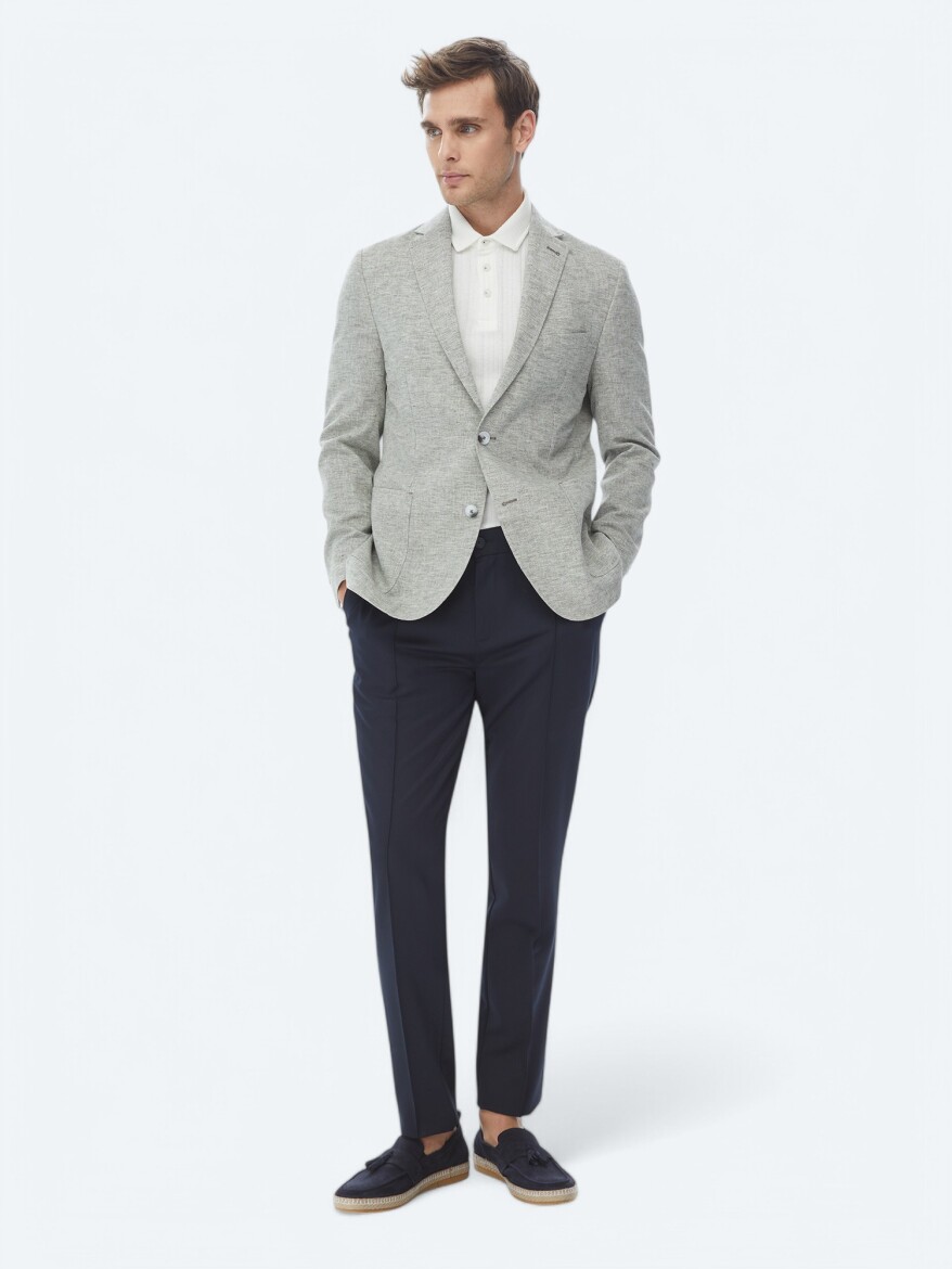 Light Khaki Micro Fitted Fit Linen Blended Jacket - 4