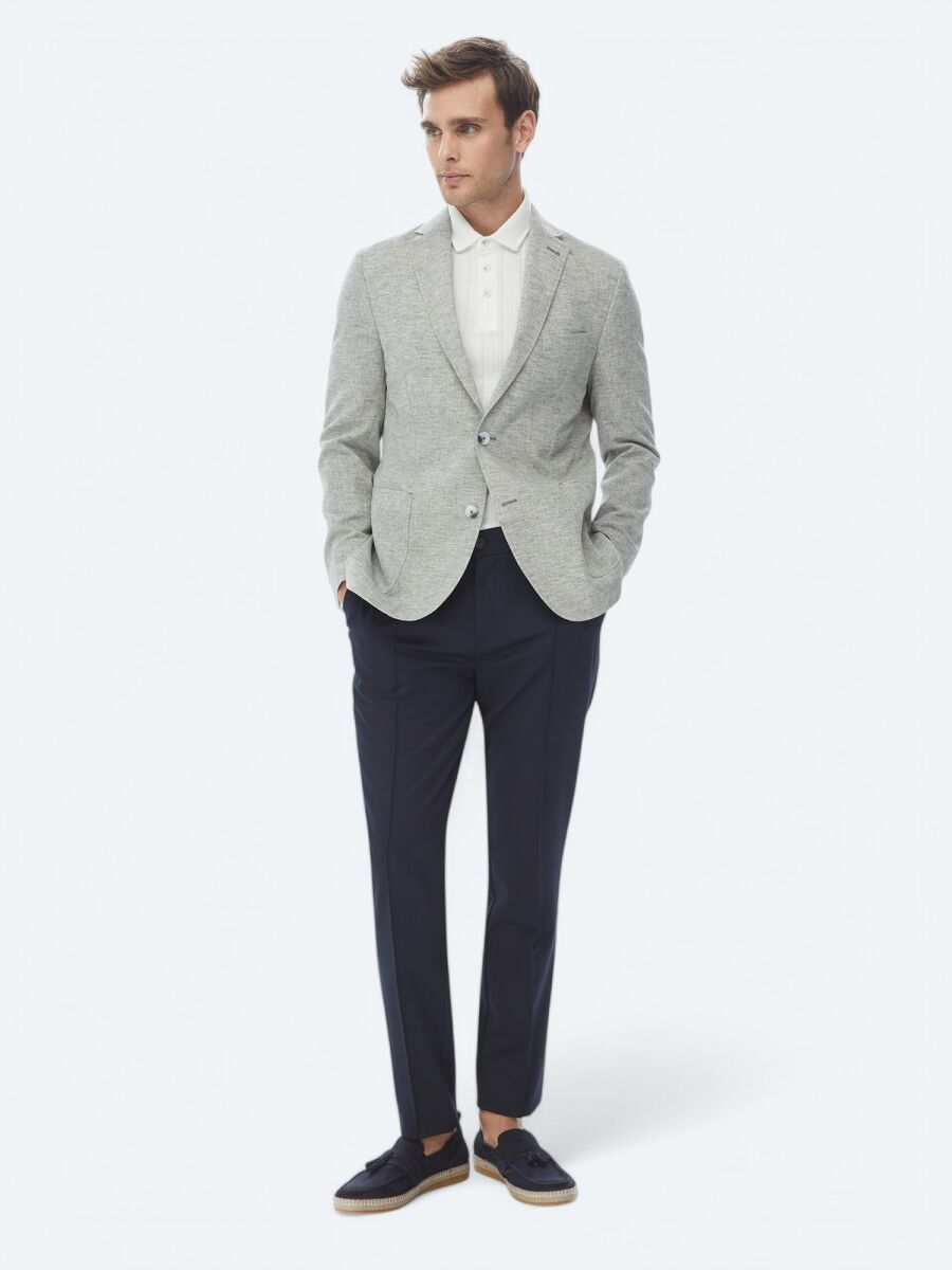 Light Khaki Micro Fitted Fit Linen Blended Jacket - 4