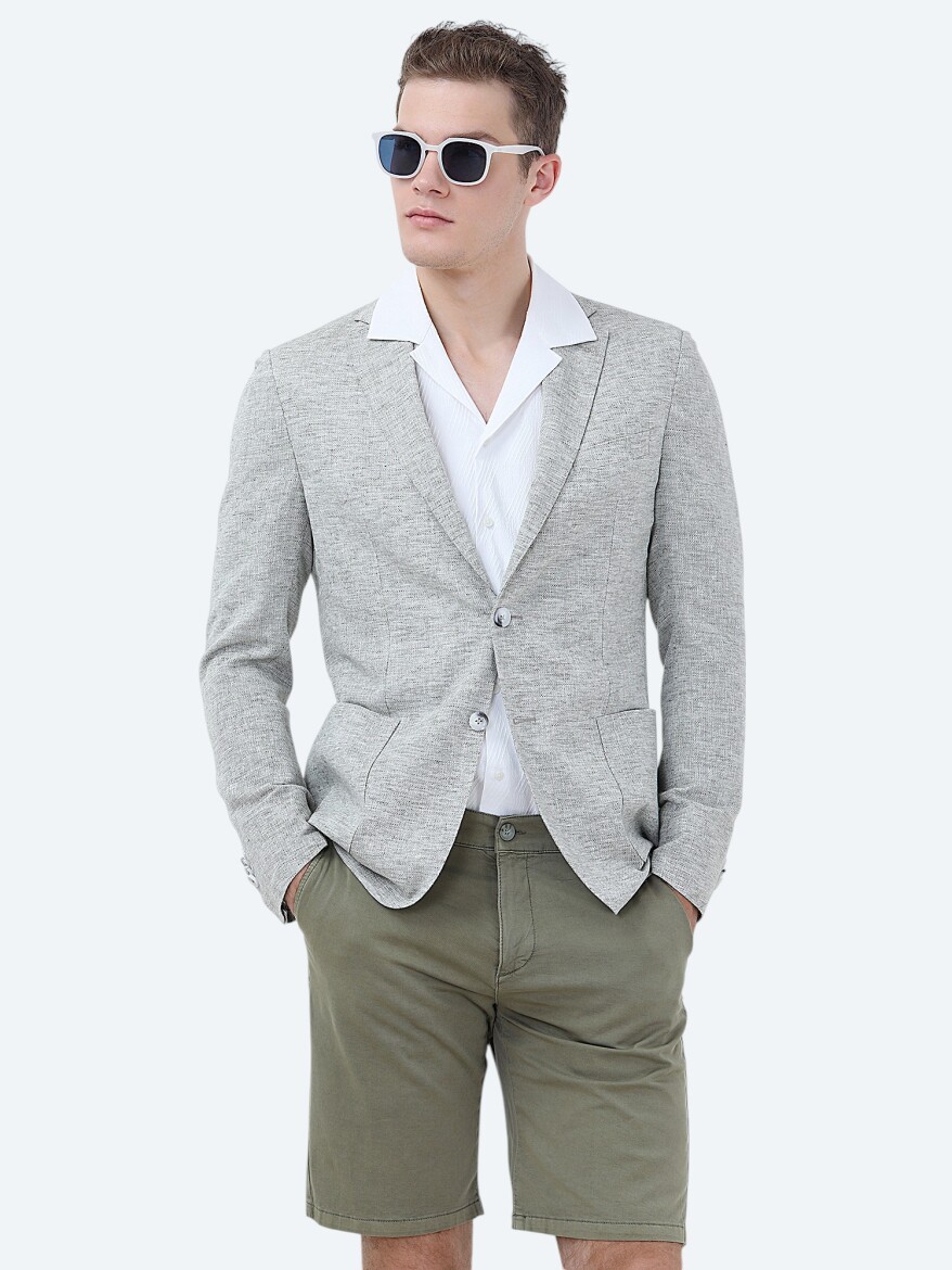 Light Khaki Micro Modern Fit Linen Blended Jacket - 1