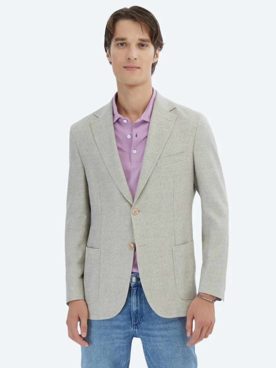 Light Khaki Patterned Modern Fit Linen Blended Jacket - 1