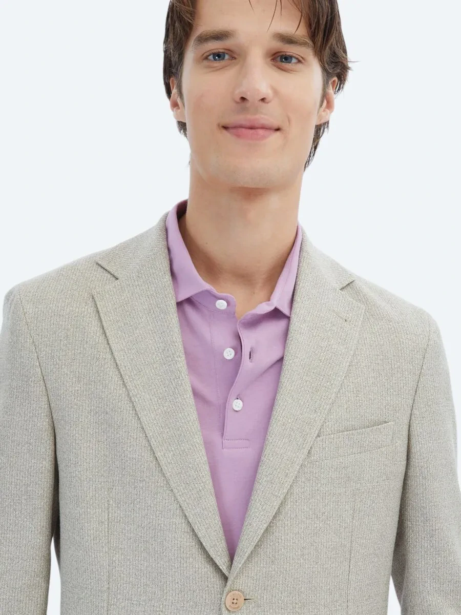 Light Khaki Patterned Modern Fit Linen Blended Jacket - 3