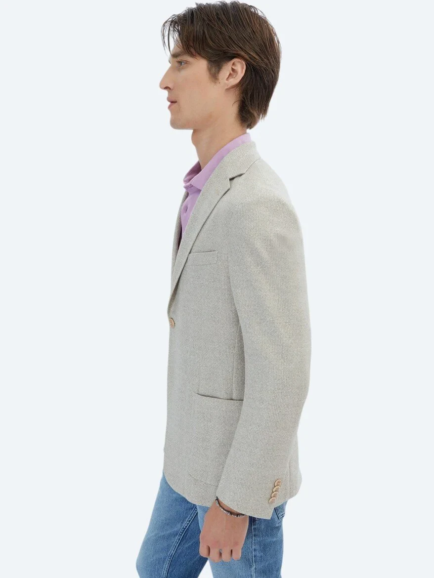 Light Khaki Patterned Modern Fit Linen Blended Jacket - 4