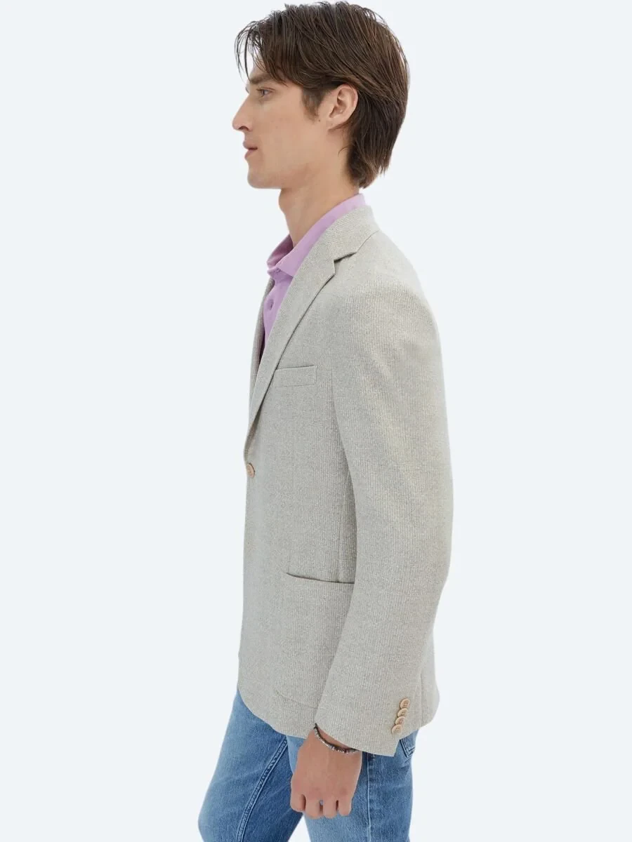 Light Khaki Patterned Modern Fit Linen Blended Jacket - 4