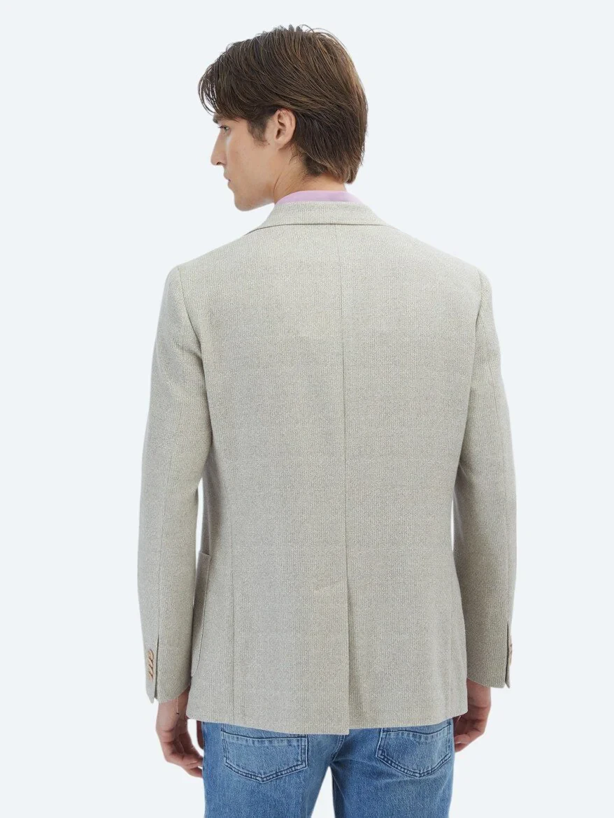 Light Khaki Patterned Modern Fit Linen Blended Jacket - 6