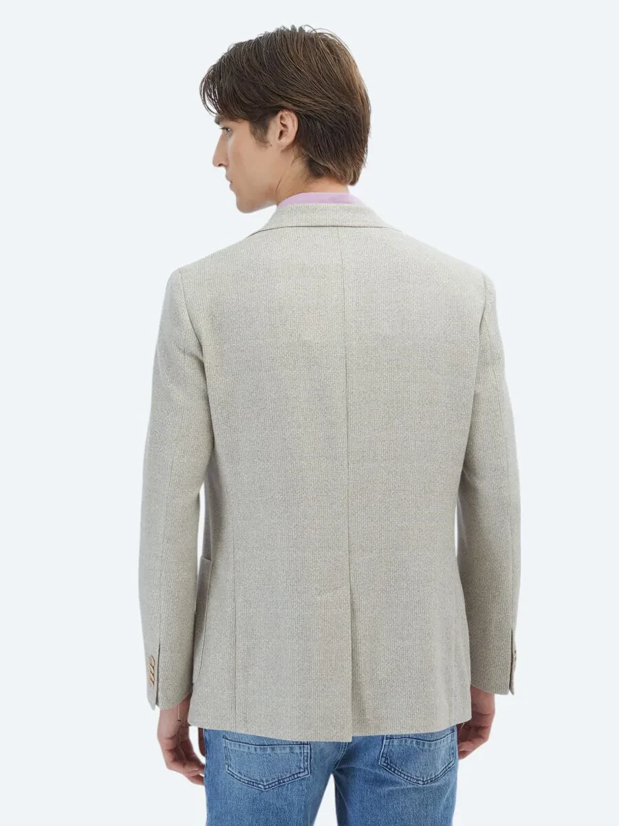 Light Khaki Patterned Modern Fit Linen Blended Jacket - 6