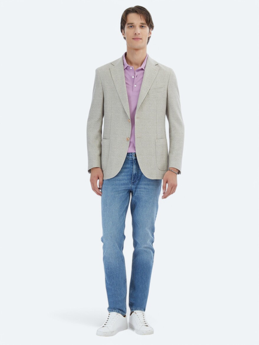 Light Khaki Patterned Modern Fit Linen Blended Jacket - 2