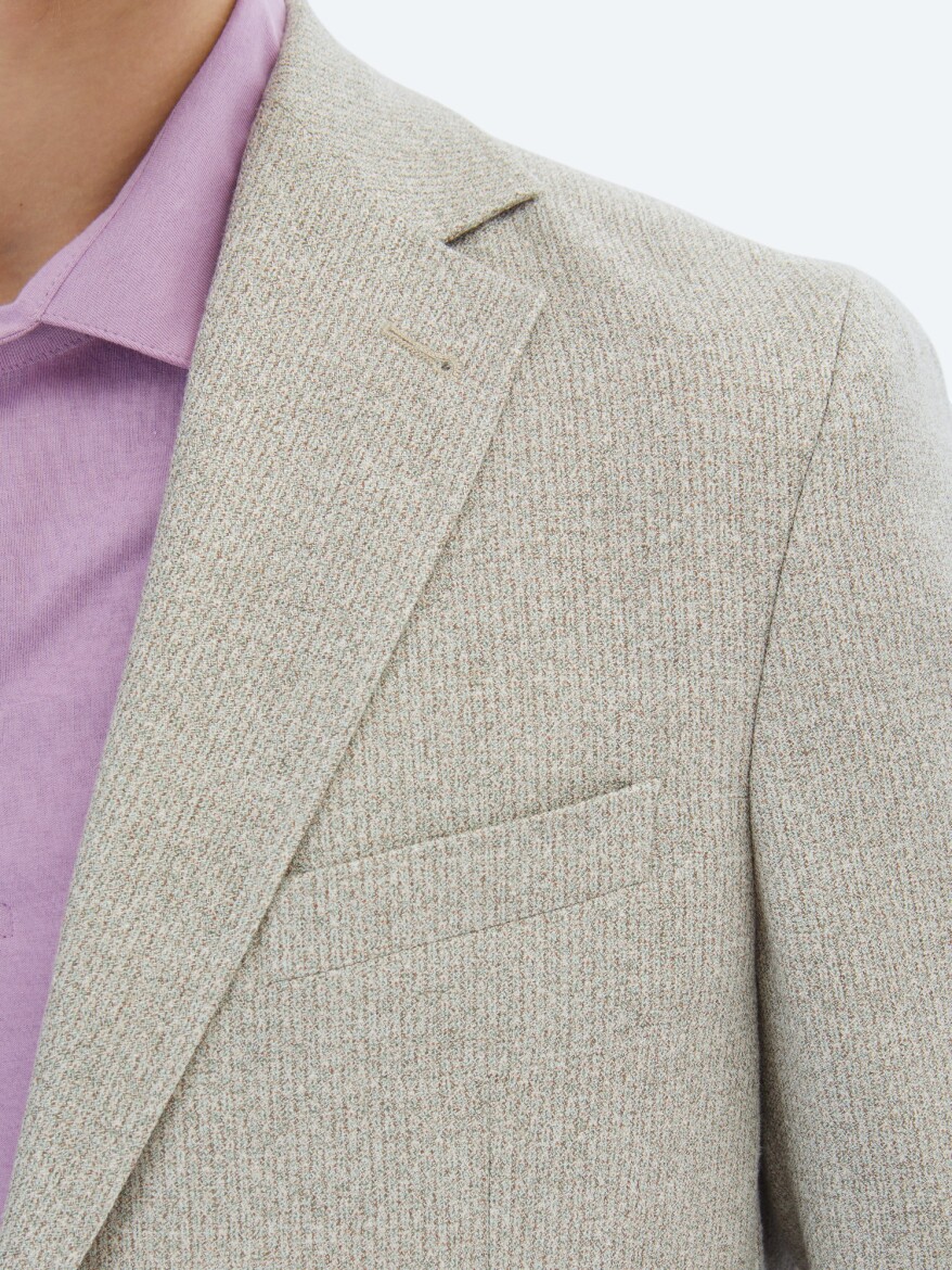 Light Khaki Patterned Modern Fit Linen Blended Jacket - 5