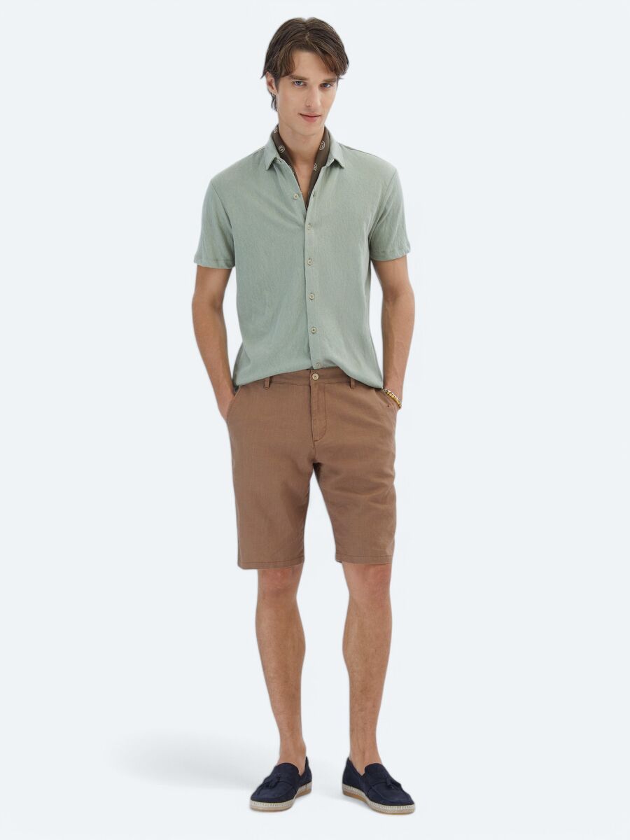 Light Khaki Plain Regular Fit Knitting Casual Cotton Blended Shirt - 2