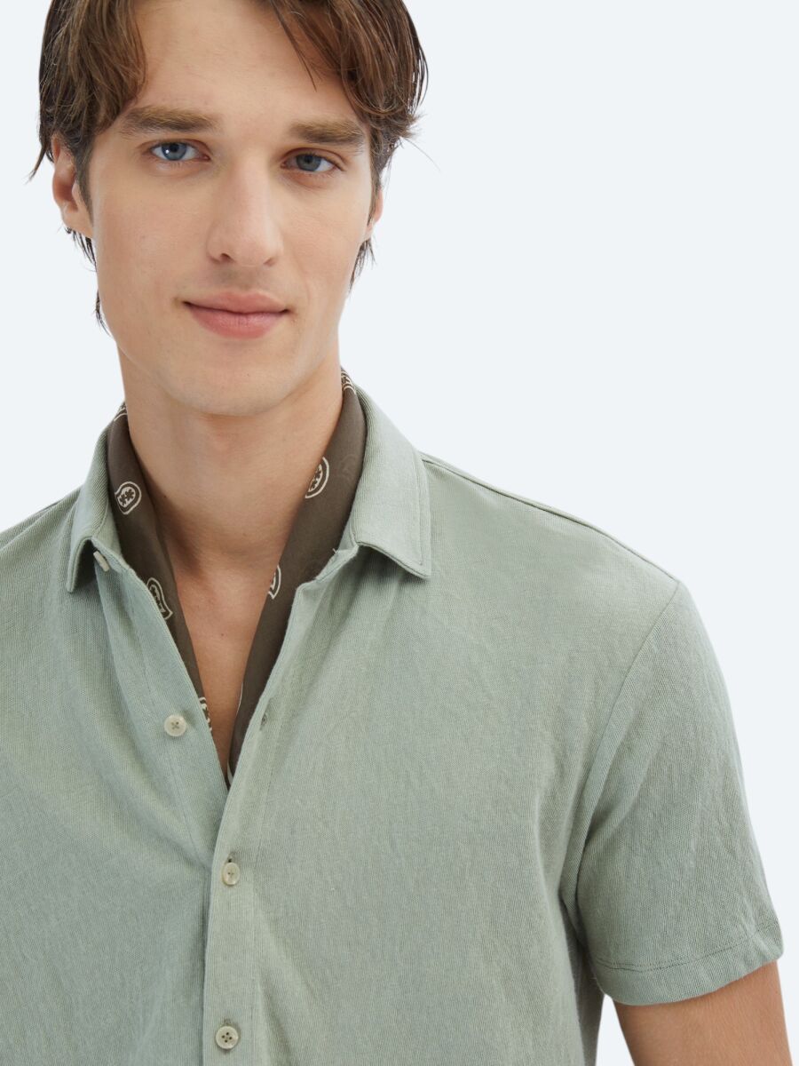 Light Khaki Plain Regular Fit Knitting Casual Cotton Blended Shirt - 4