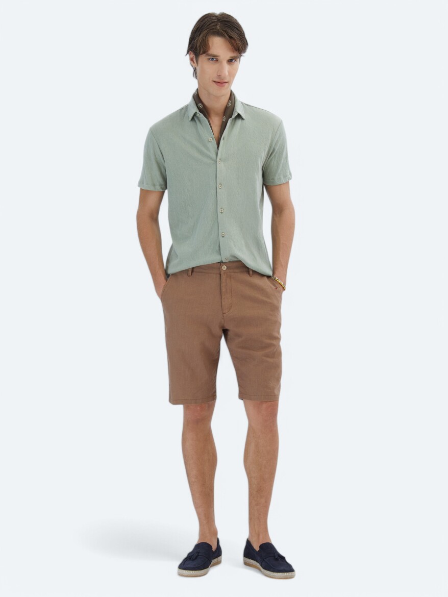 Light Khaki Plain Regular Fit Short Knitting Casual Cotton Blended Shirt - 2