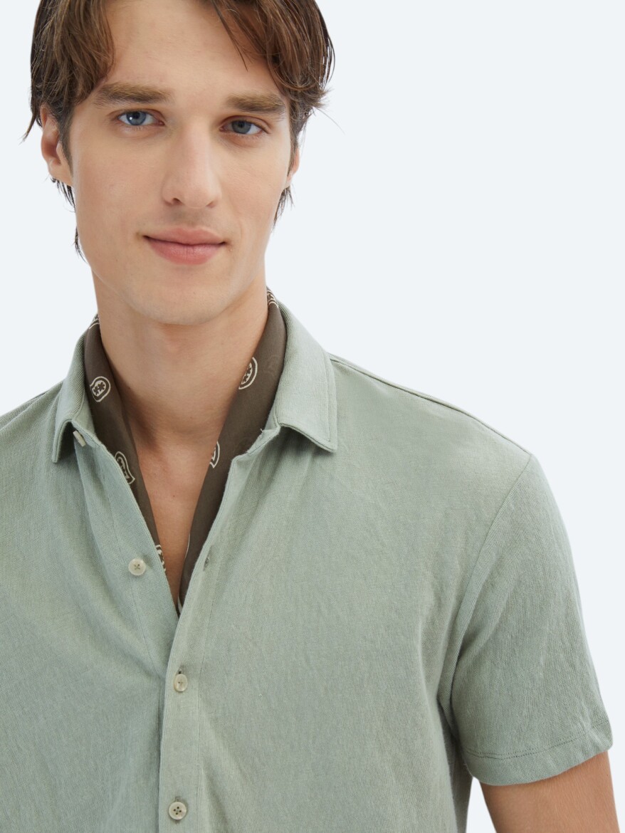 Light Khaki Plain Regular Fit Short Knitting Casual Cotton Blended Shirt - 4