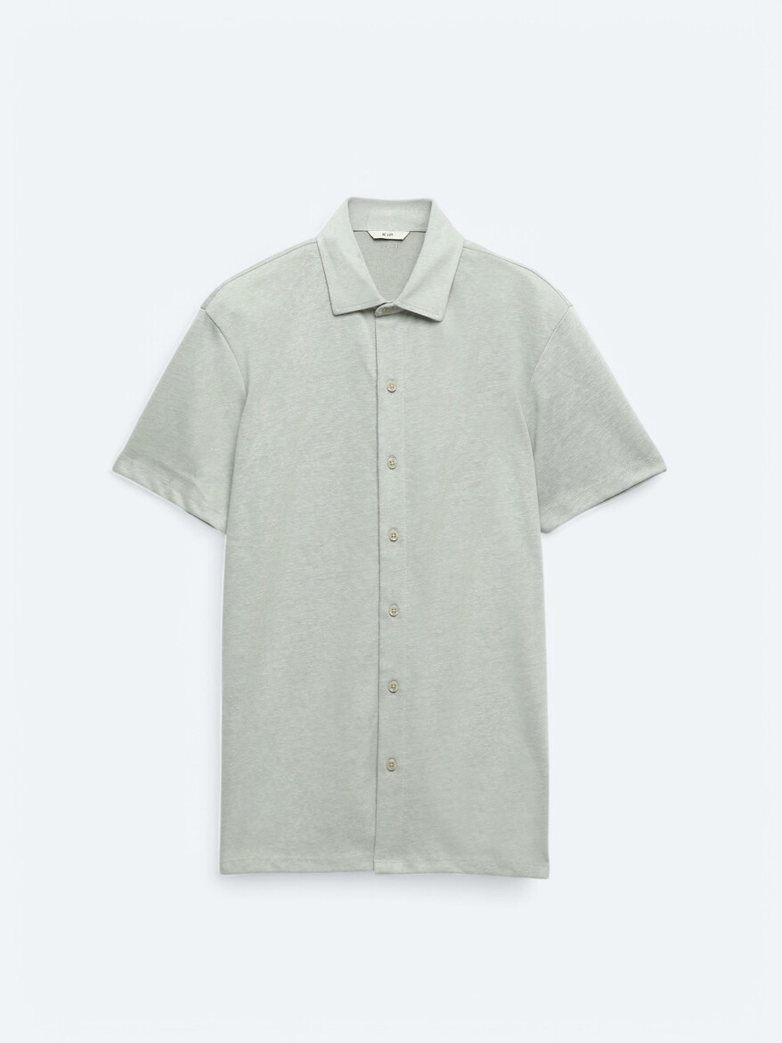 Light Khaki Plain Regular Fit Short Knitting Casual Cotton Blended Shirt - 6