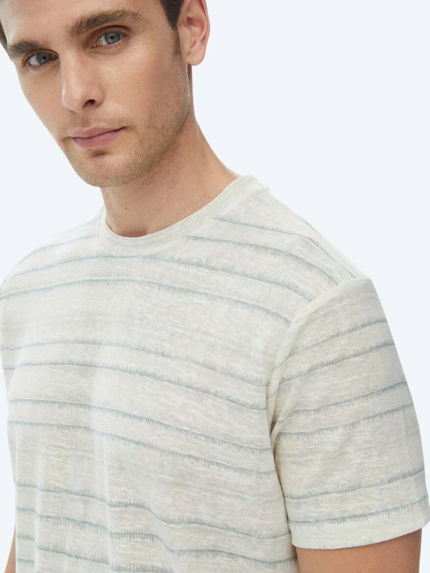 Light Khaki Printed Crew Neck Cotton Blended T-Shirt - 7