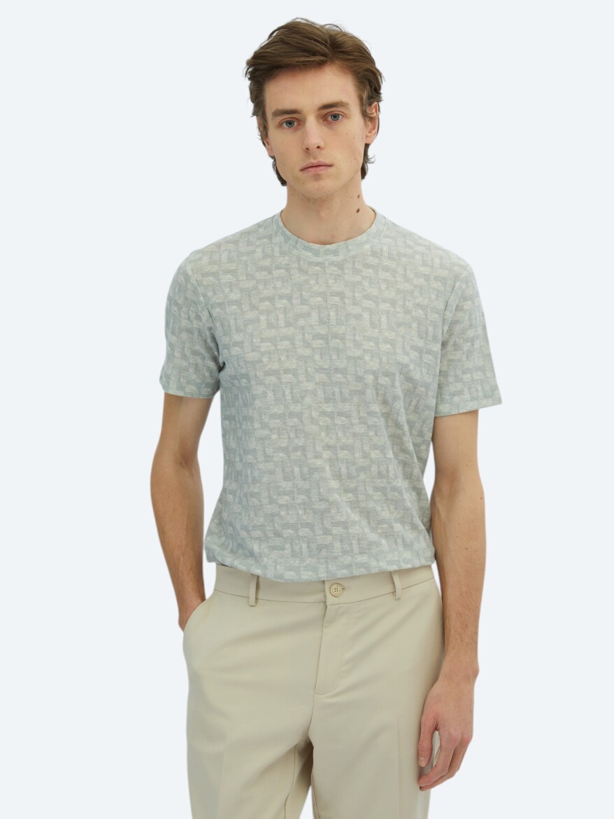 Light Khaki Printed Crew Neck Cotton Blended T-Shirt - KİP
