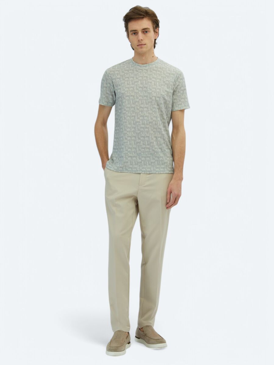 Light Khaki Printed Crew Neck Cotton Blended T-Shirt - 2