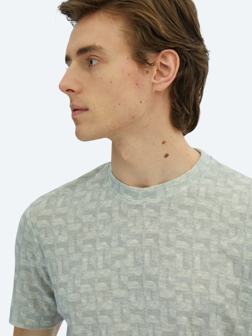 Light Khaki Printed Crew Neck Cotton Blended T-Shirt - 3