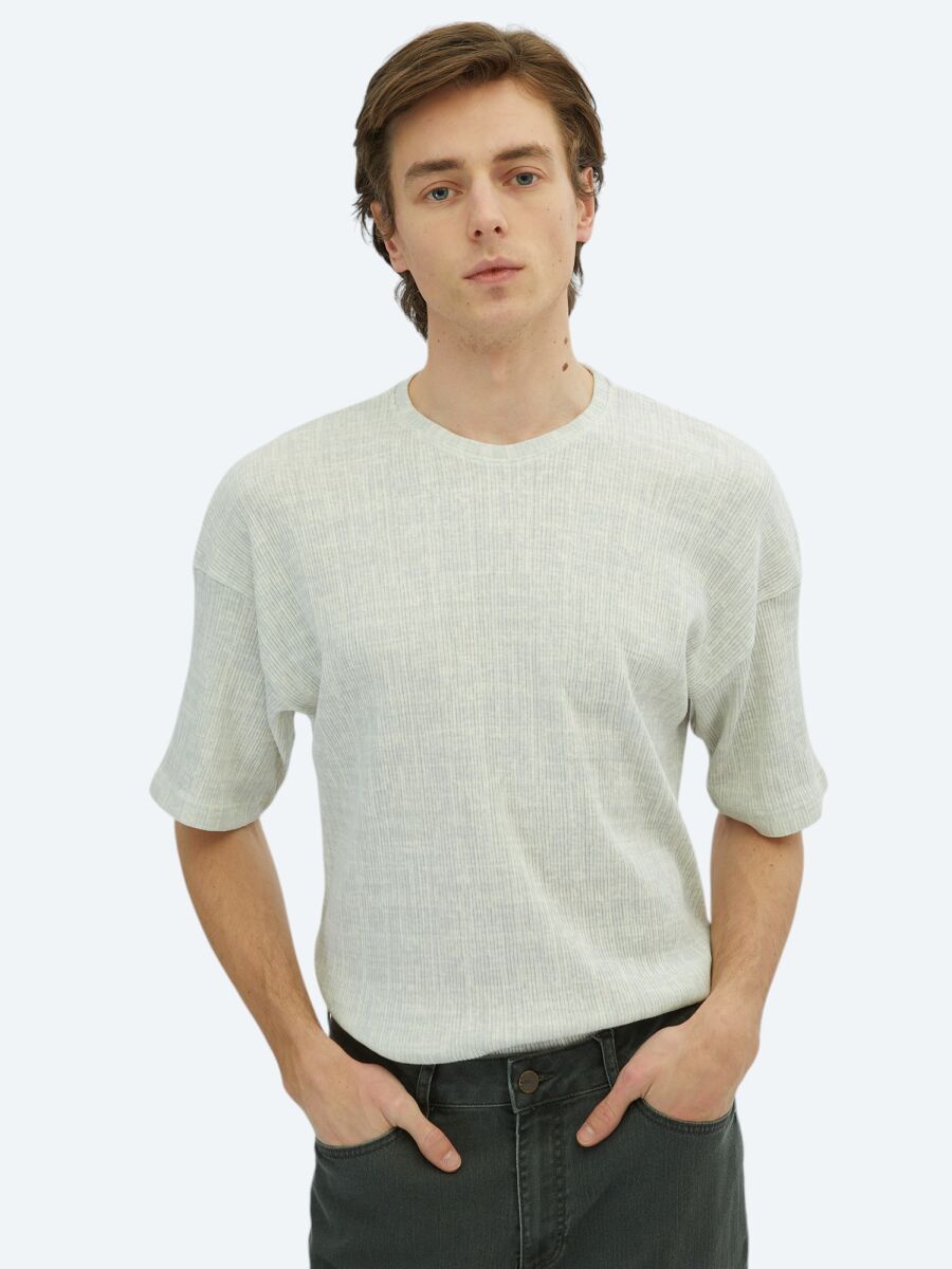 Light Khaki Printed Crew Neck Cotton Blended T-Shirt - 1