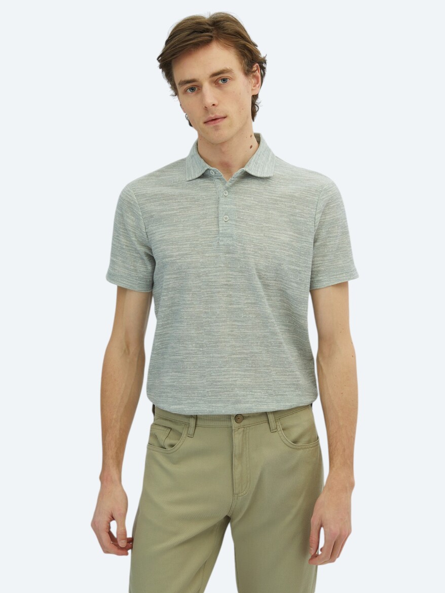 Light Khaki Printed Polo Neck Cotton Blended T-Shirt - 1