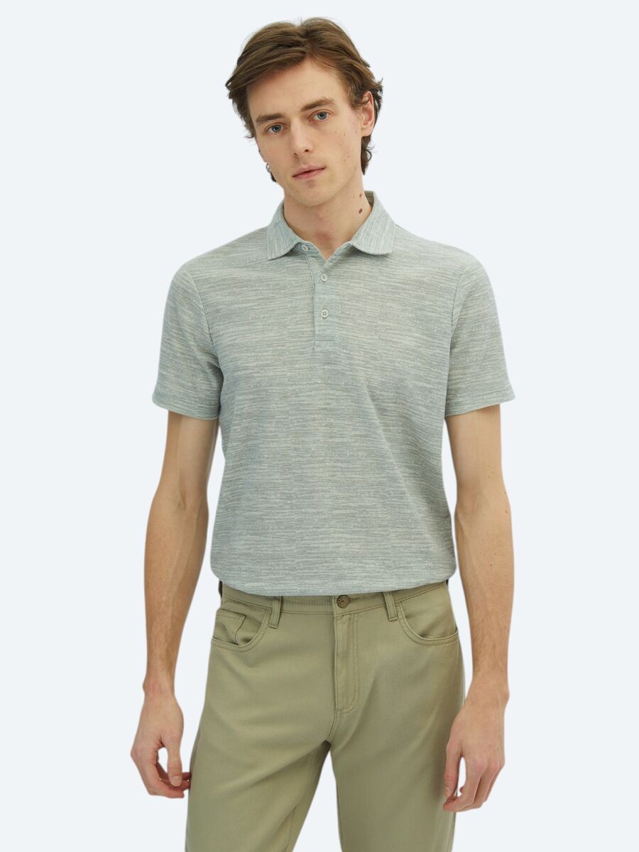 Light Khaki Printed Polo Neck Cotton Blended T-Shirt - 1