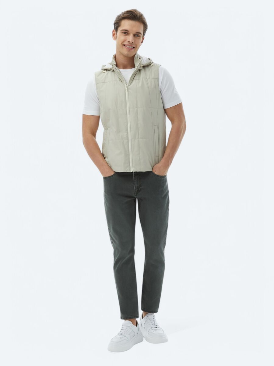 Light Khaki Regular Fit Hooded Casual Weaving Puffer Vest - 6