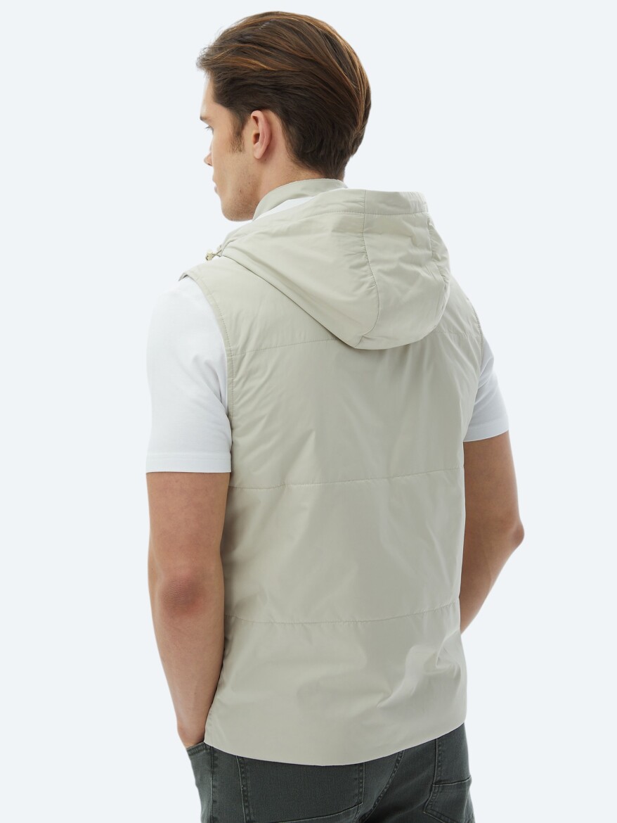 Light Khaki Regular Fit Hooded Casual Weaving Puffer Vest - 7
