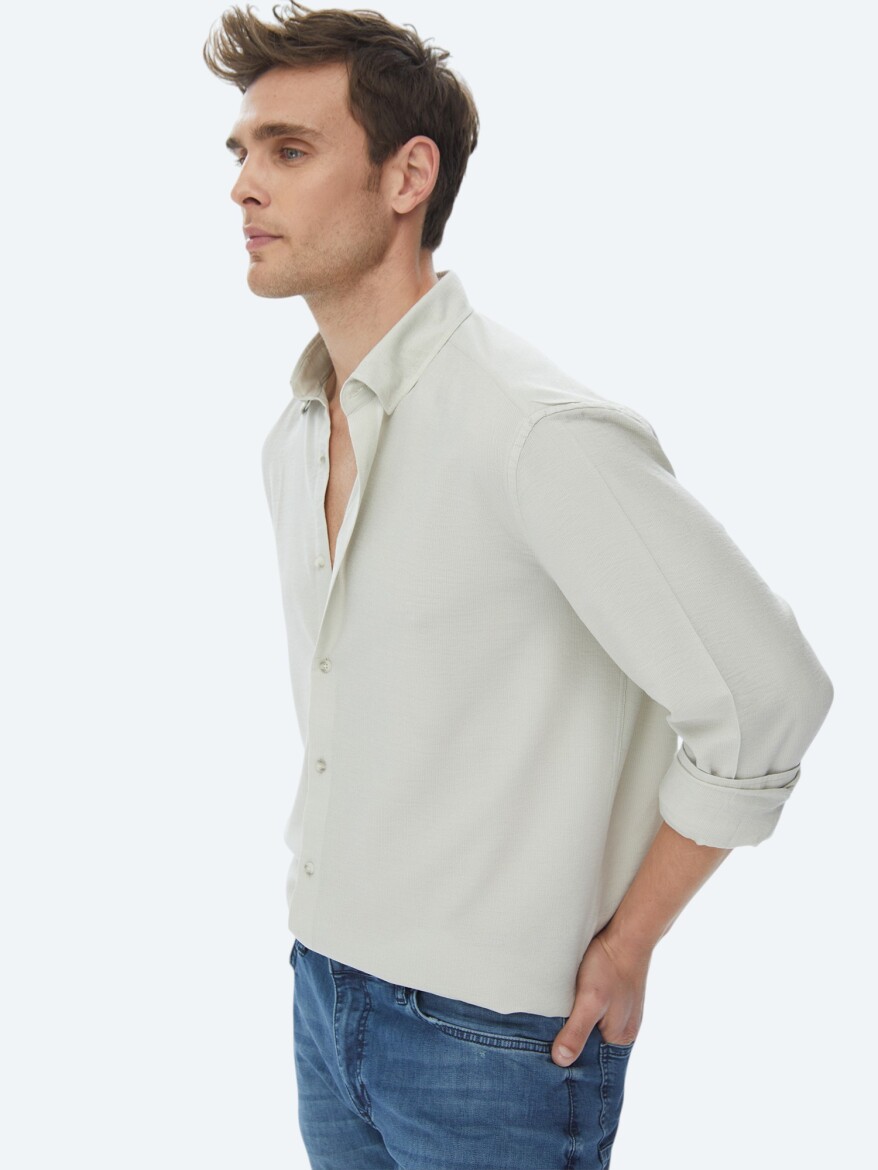 Light Khaki Regular Fit Long Weaving Casual Shirt - 1