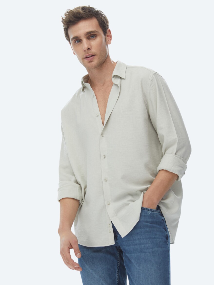 Light Khaki Regular Fit Long Weaving Casual Shirt - 4