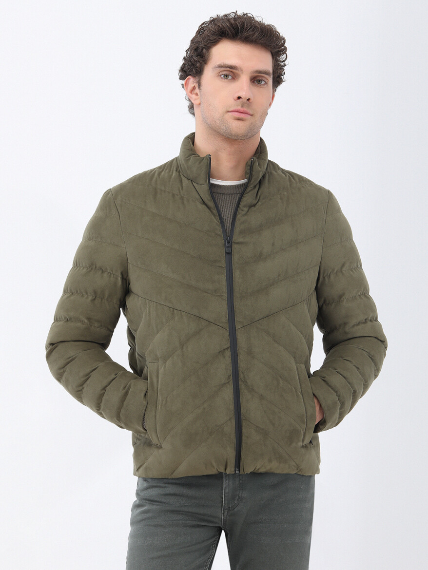 Light Khaki Regular Fit Turtleneck Casual Weaving Coat - 1