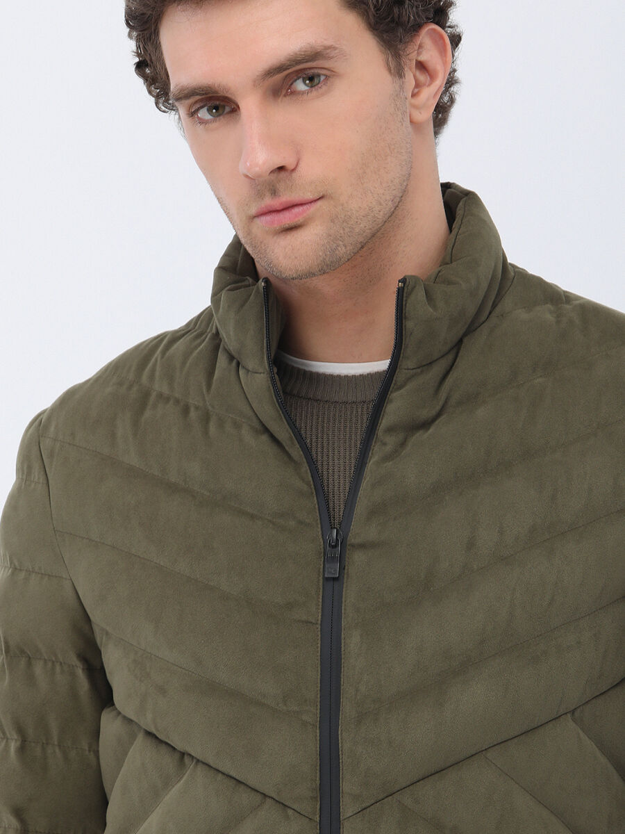 Light Khaki Regular Fit Turtleneck Casual Weaving Coat - 3