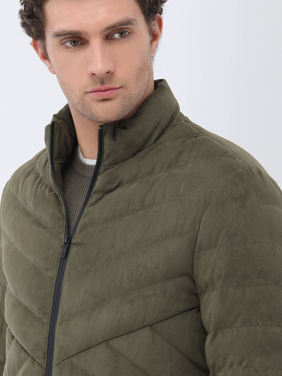 Light Khaki Regular Fit Turtleneck Casual Weaving Coat - 4