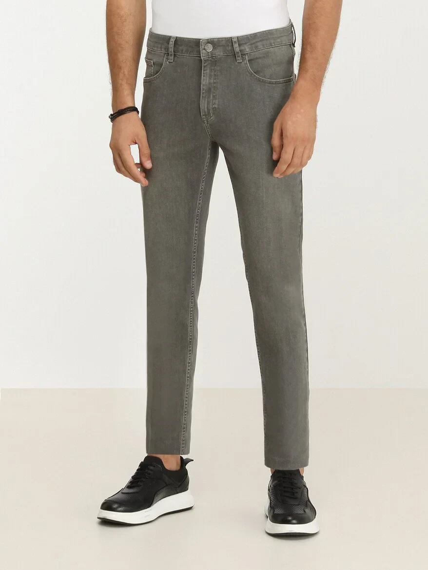 Light Khaki Slim Fit Denim Cotton Blended Trousers - 1