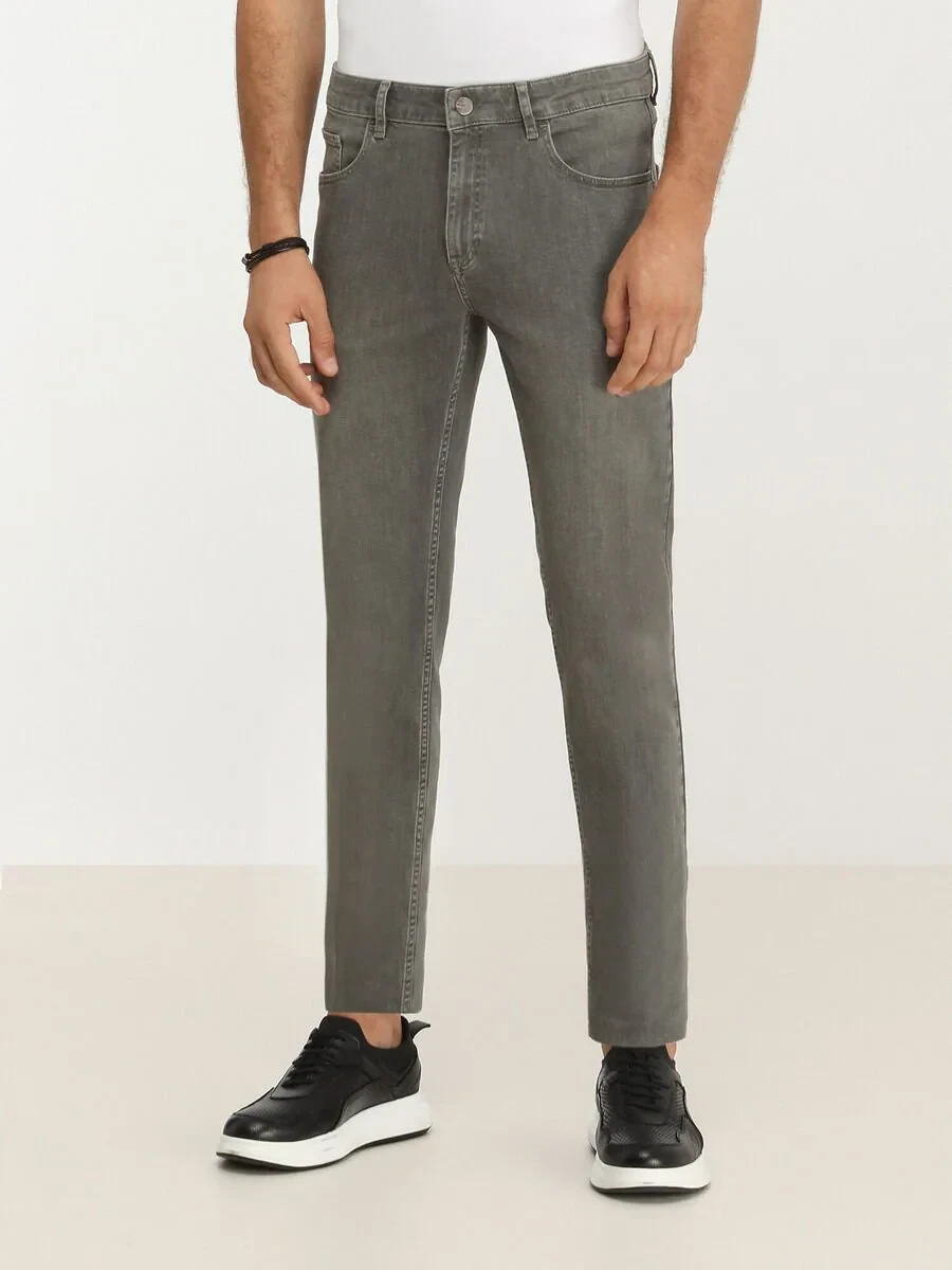 Light Khaki Slim Fit Denim Cotton Blended Trousers - 1