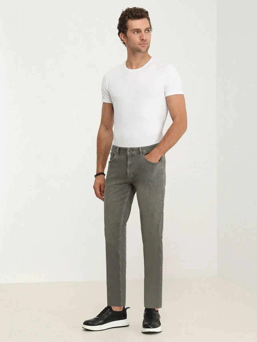 Light Khaki Slim Fit Denim Cotton Blended Trousers - 2