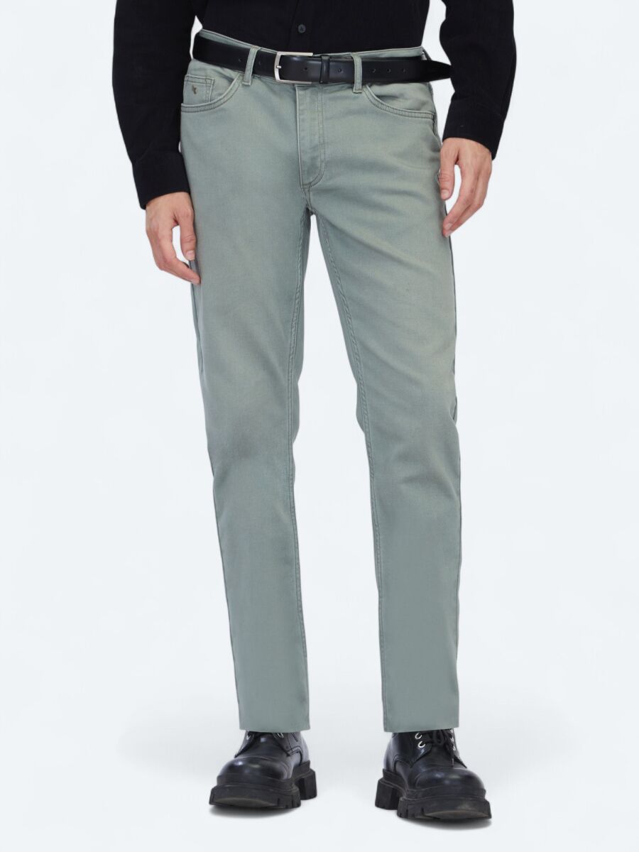 Light Khaki Slim Fit Denim Cotton Blended Trousers - 2