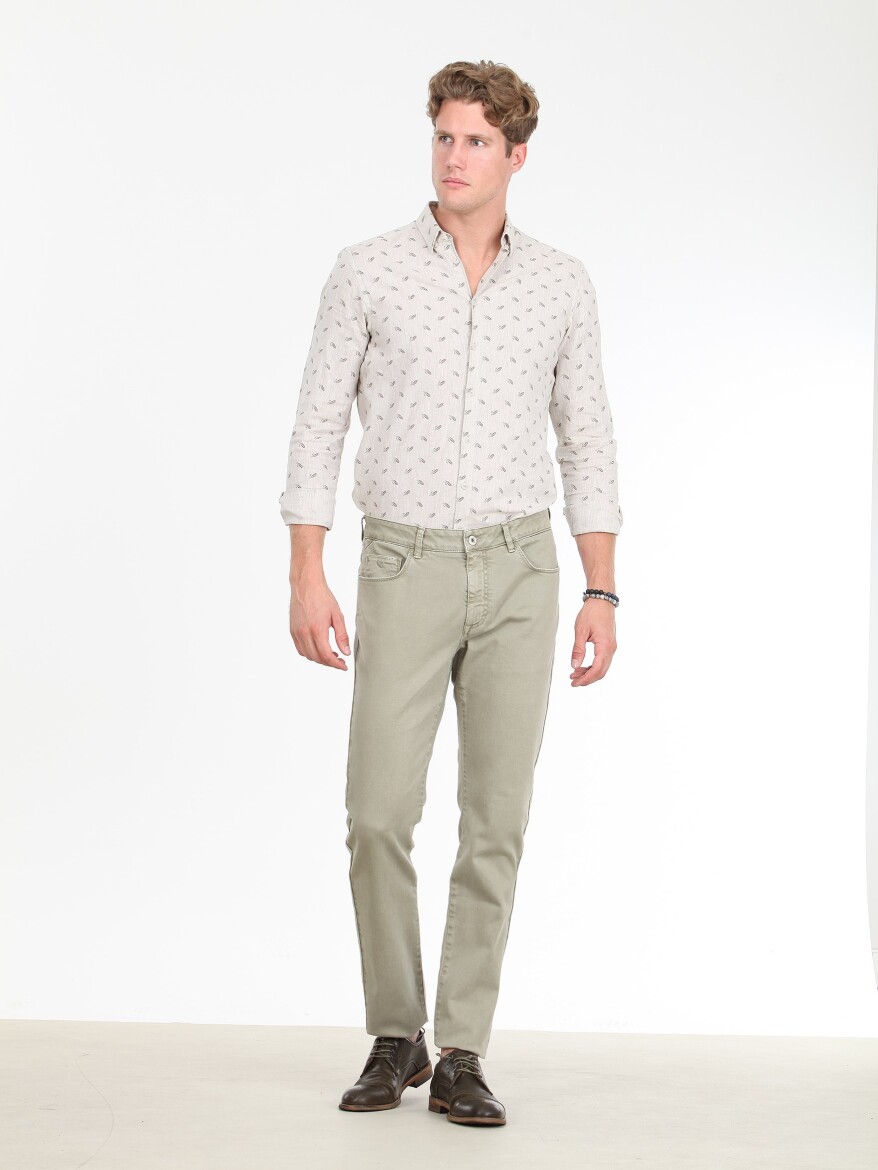 Light Khaki Weaving Regular Fit Casual Cotton Blended Trousers - 2