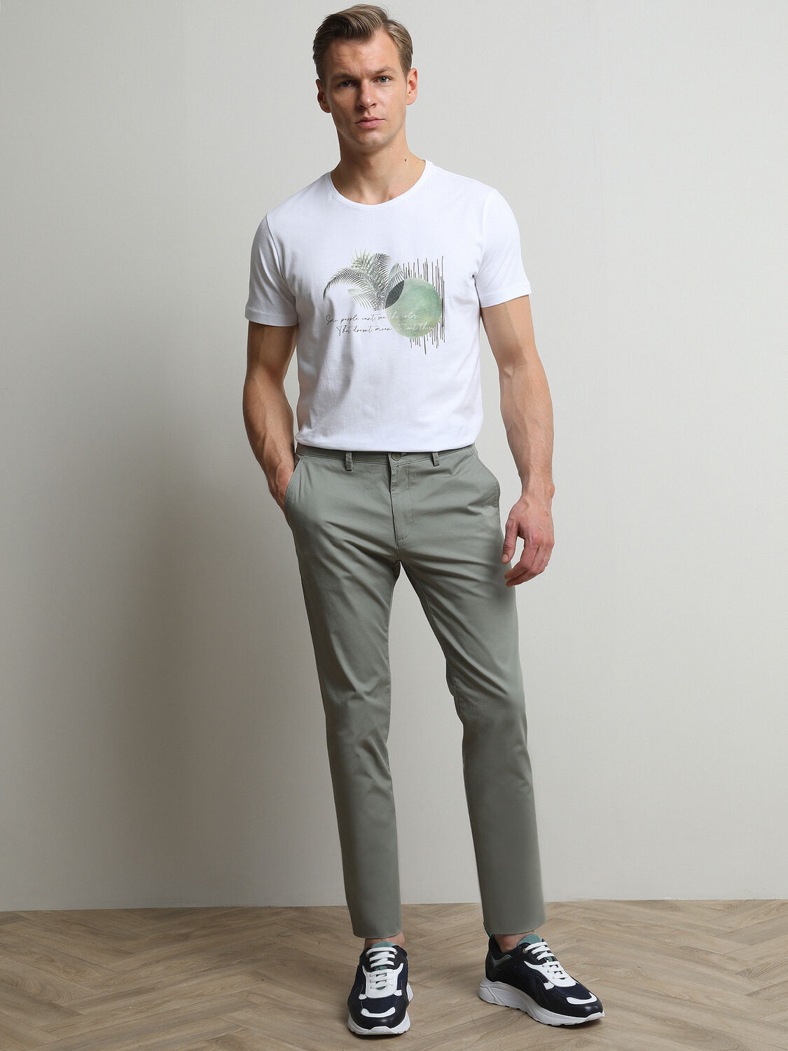 Light Khaki Weaving Regular Fit Casual Cotton Blended Trousers - 1