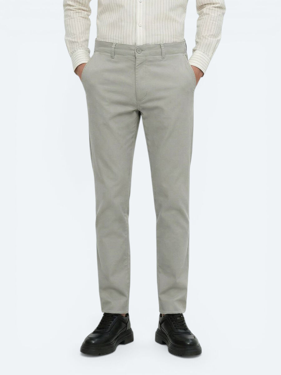 Light Khaki Weaving Slim Fit Casual Cotton Blended Trousers - 3