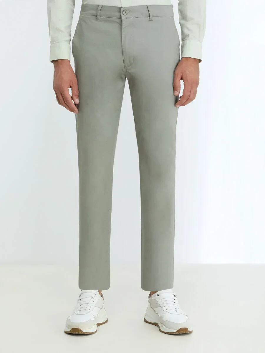 Light Khaki Weaving Slim Fit Casual Cotton Blended Trousers - 1