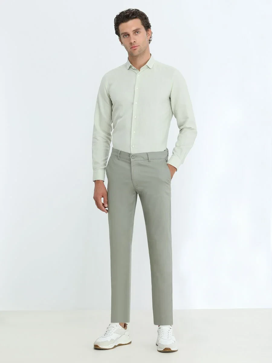 Light Khaki Weaving Slim Fit Casual Cotton Blended Trousers - 2