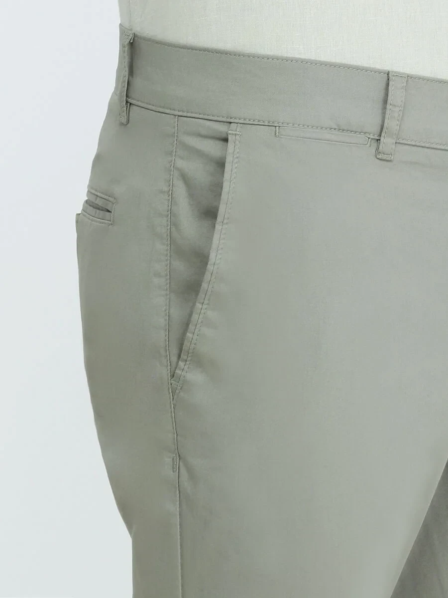Light Khaki Weaving Slim Fit Casual Cotton Blended Trousers - 3