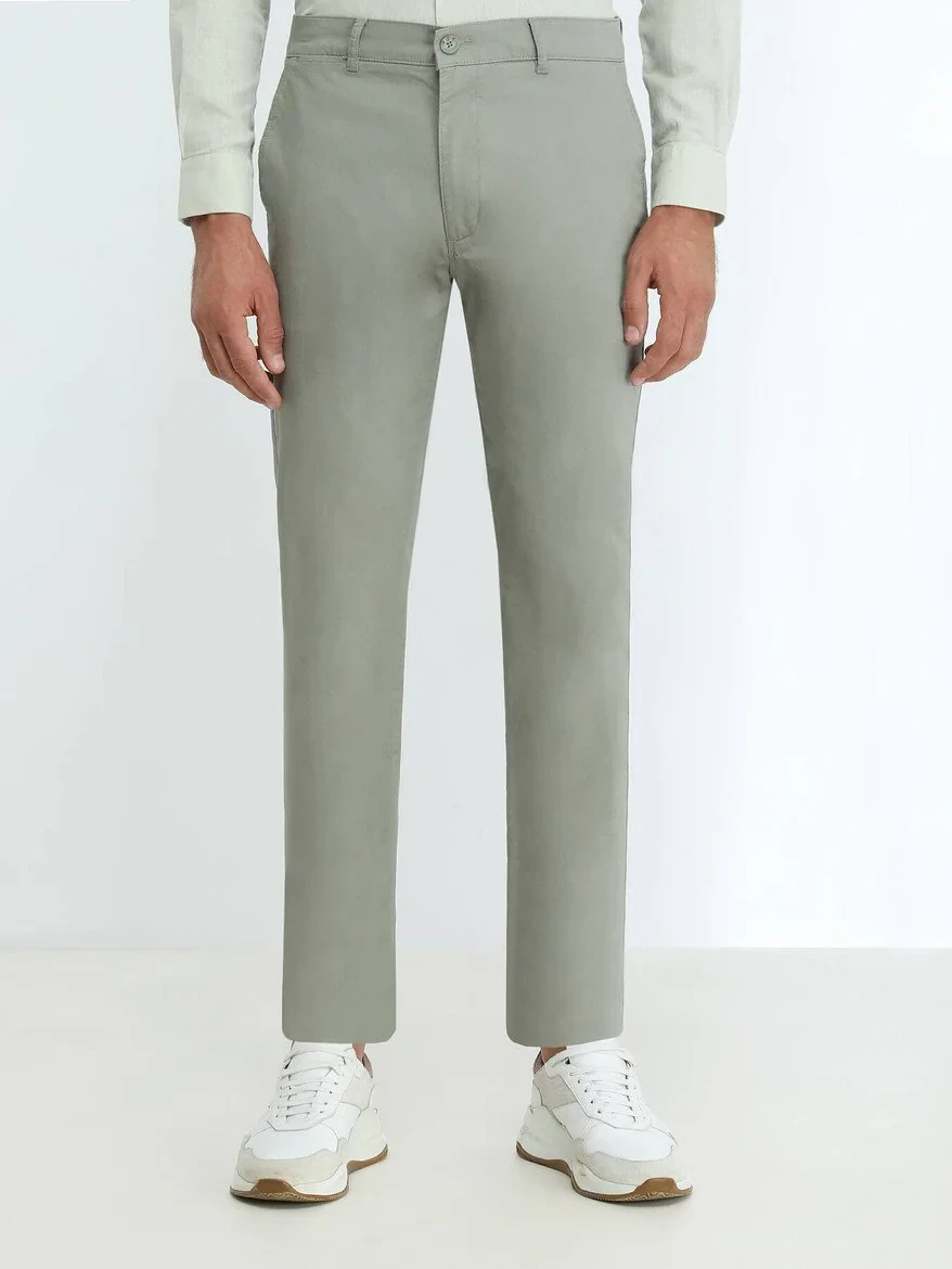 Light Khaki Weaving Slim Fit Casual Cotton Blended Trousers - 1