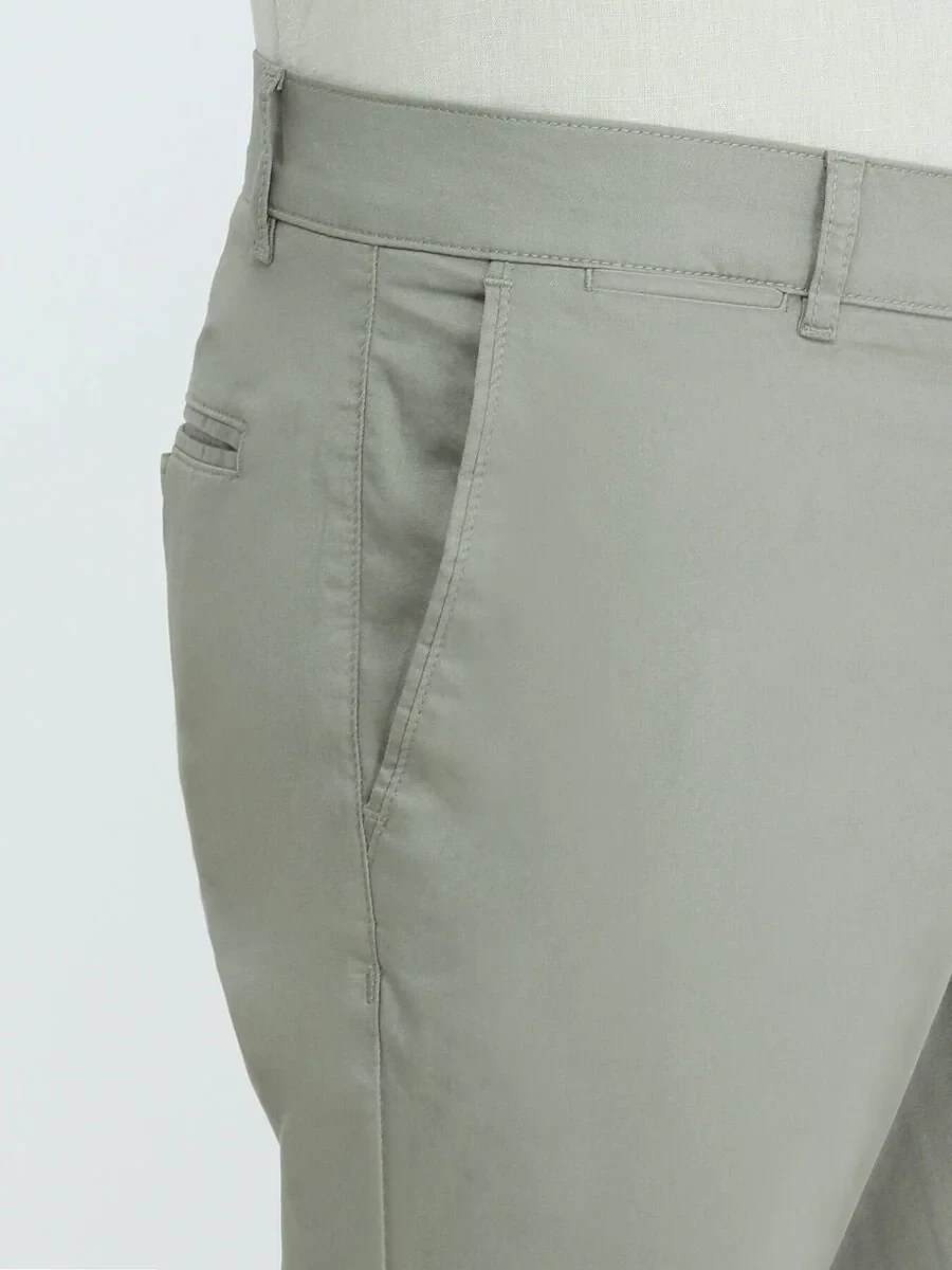 Light Khaki Weaving Slim Fit Casual Cotton Blended Trousers - 3