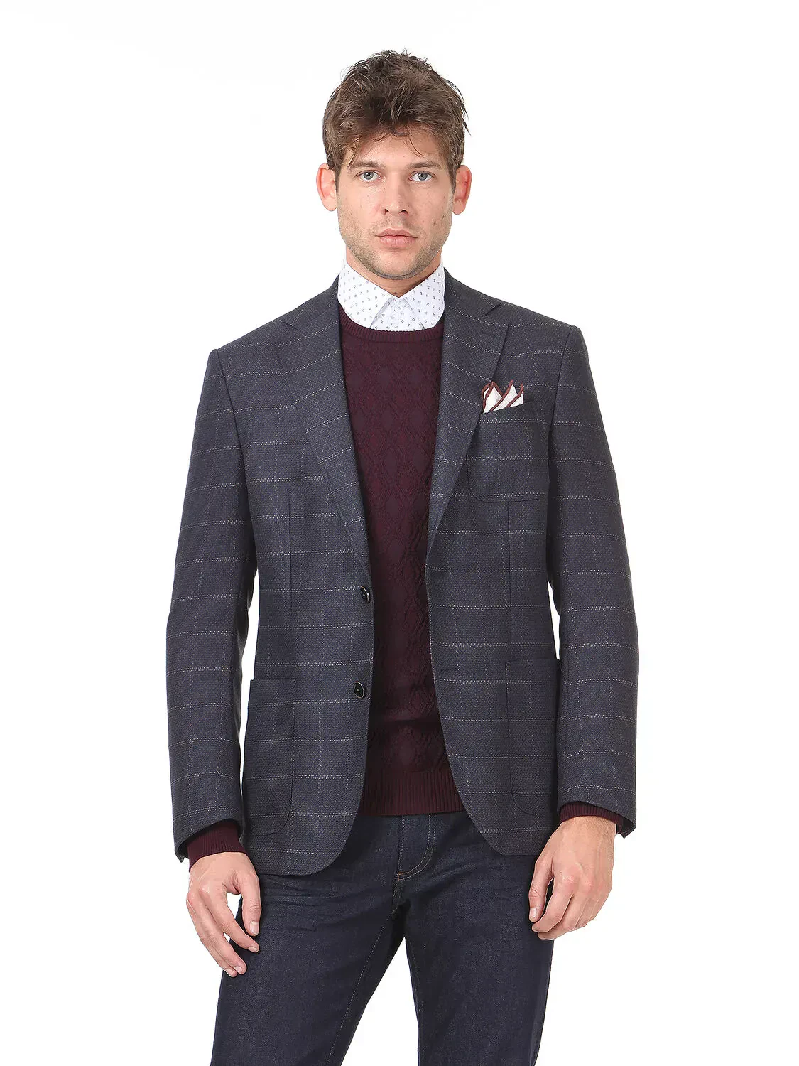 Light Navy Blue Checkered Modern Fit Jacket - 1