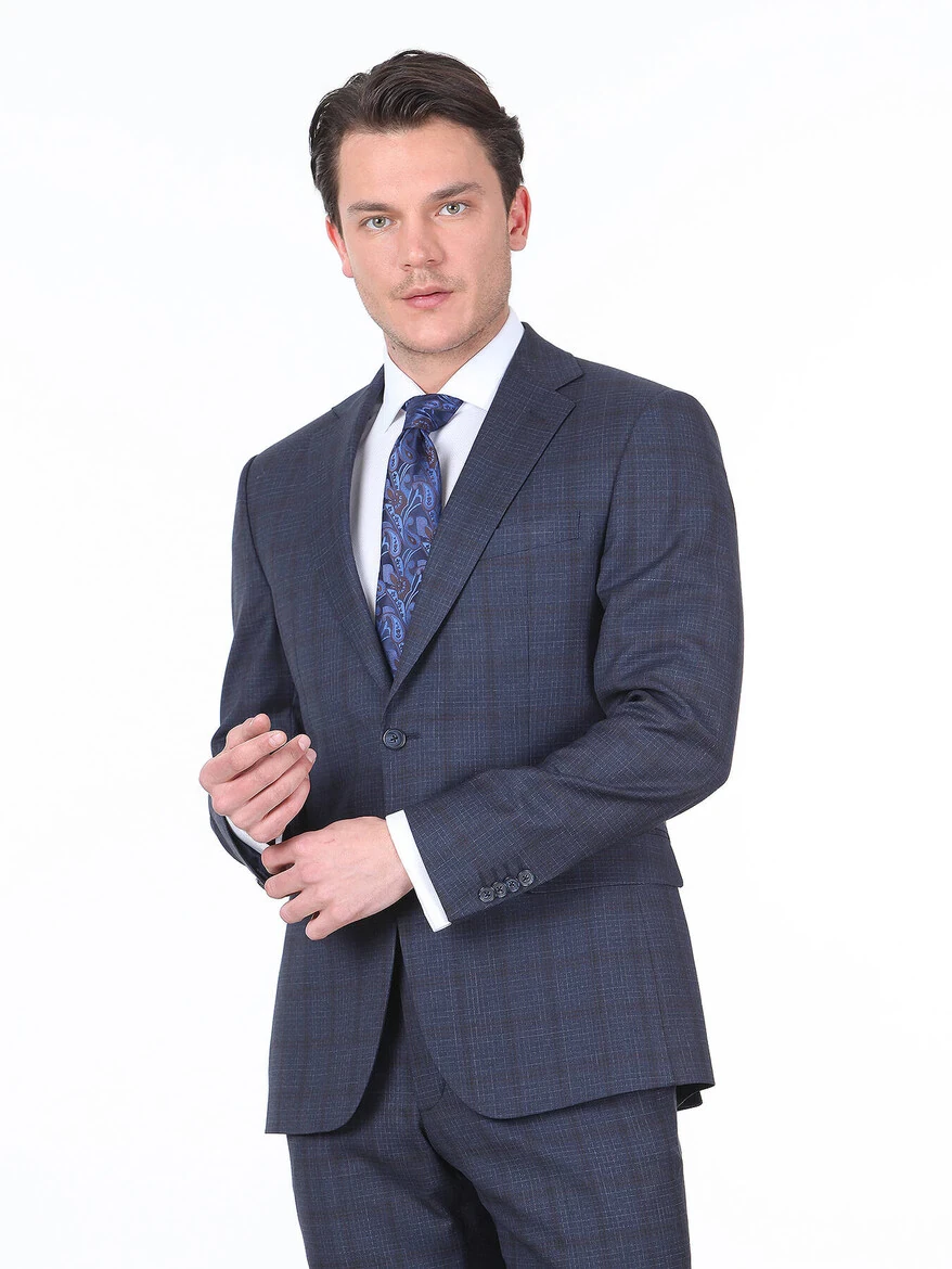 Light Navy Blue Checkered Modern Fit Wool Blended Suit - 1
